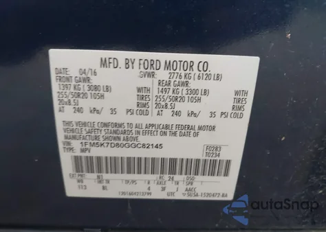 2016 Ford Explorer Xlt из США, поврежденный, VIN 1FM5K7D80GGC82145